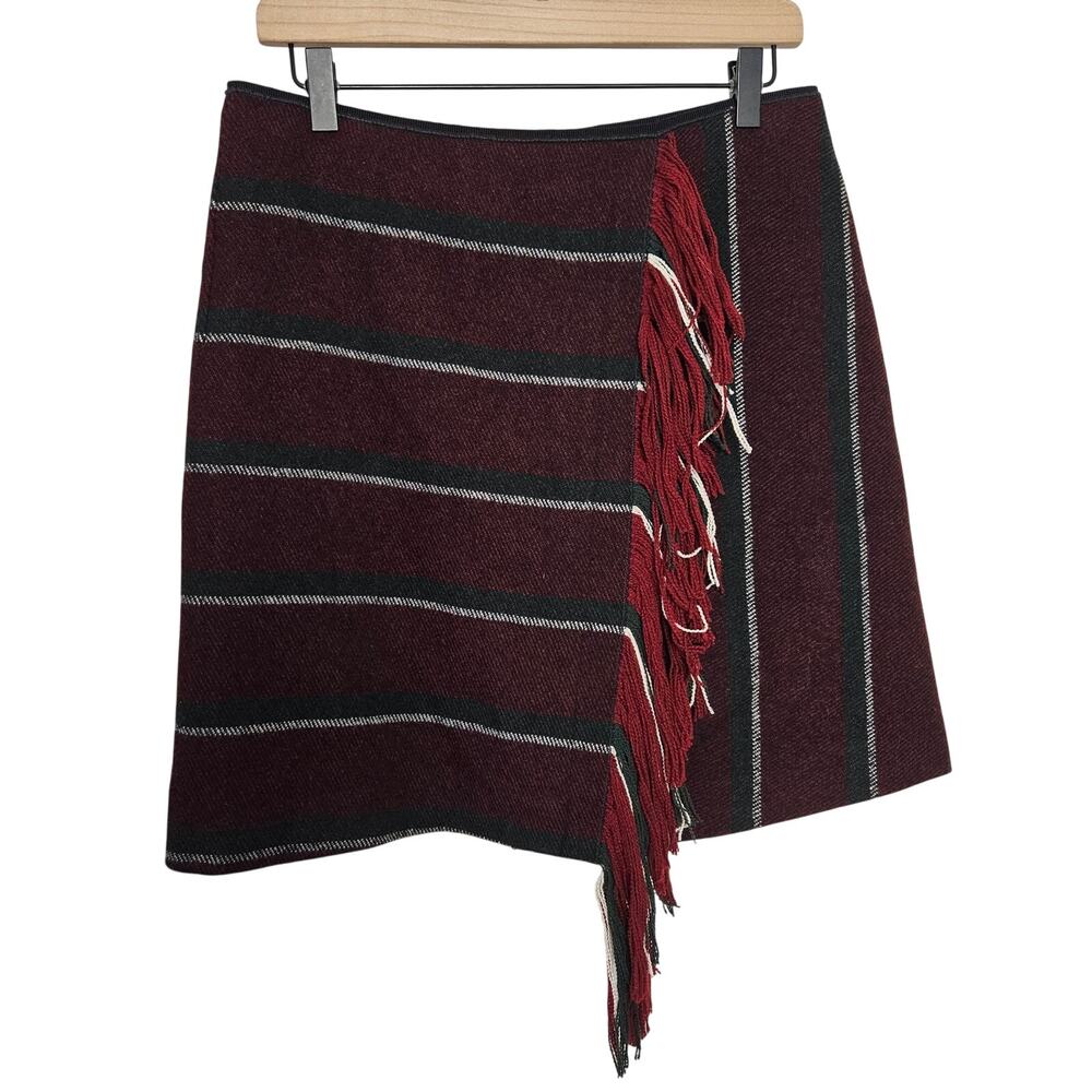 Dorothee‎ Schumacher Wool Kilt Skirt 3 M 6 Burgundy Black Stripe Fringe